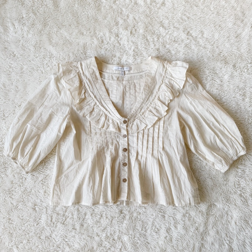 Urban Revivo Woman Cream Cotton Ruffle V-Neck Puff Sleeve Button Front Top US10